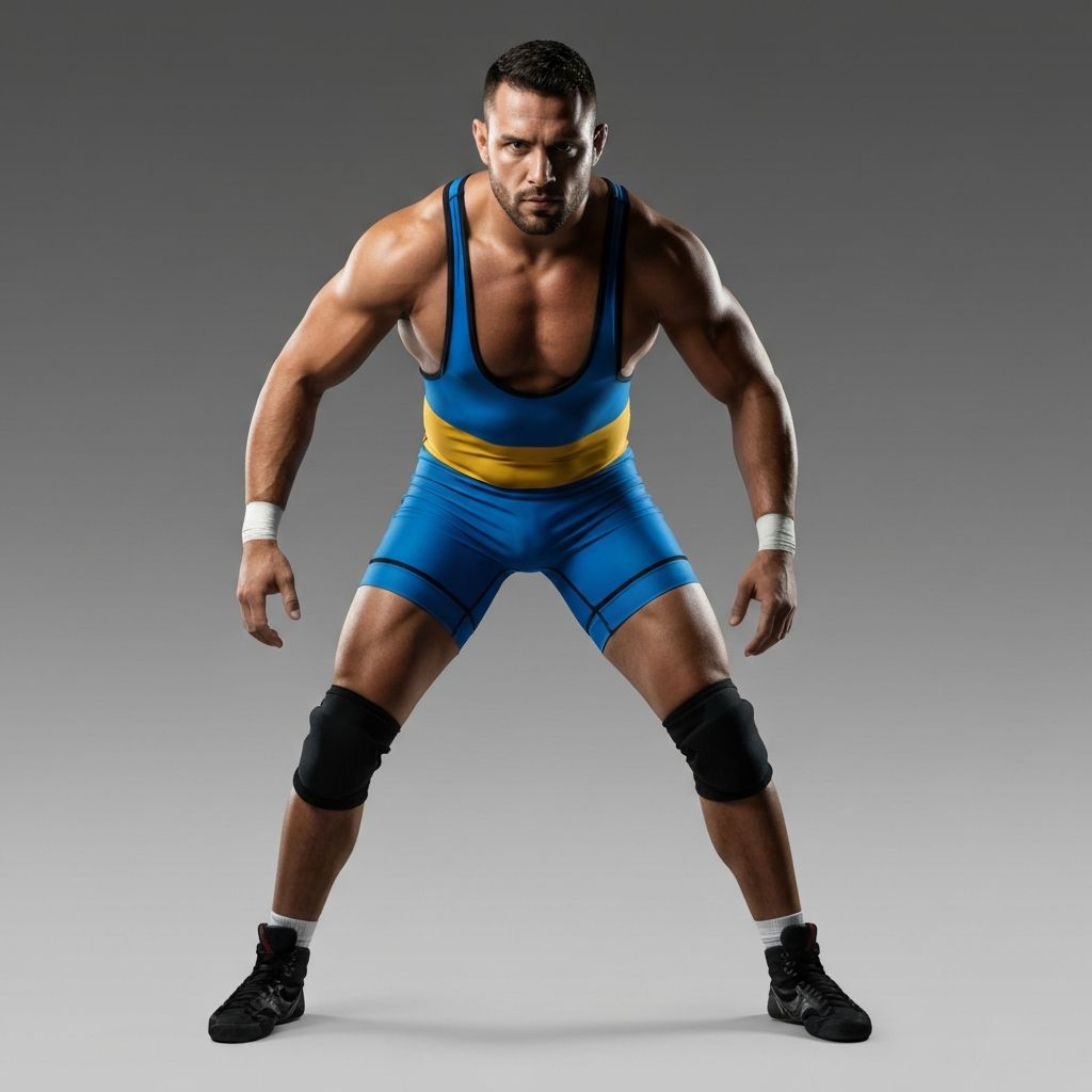 Professional wrestler in training stance demonstrating athletic discipline and power